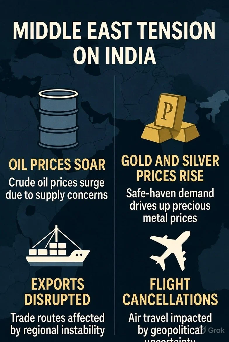मिडिल ईस्ट तनाव से भारत पर गहरा असर : तेल आपूर्ति खतरे में, सोना-चांदी में उछाल, एक्सपोर्ट और उड़ानें प्रभावित