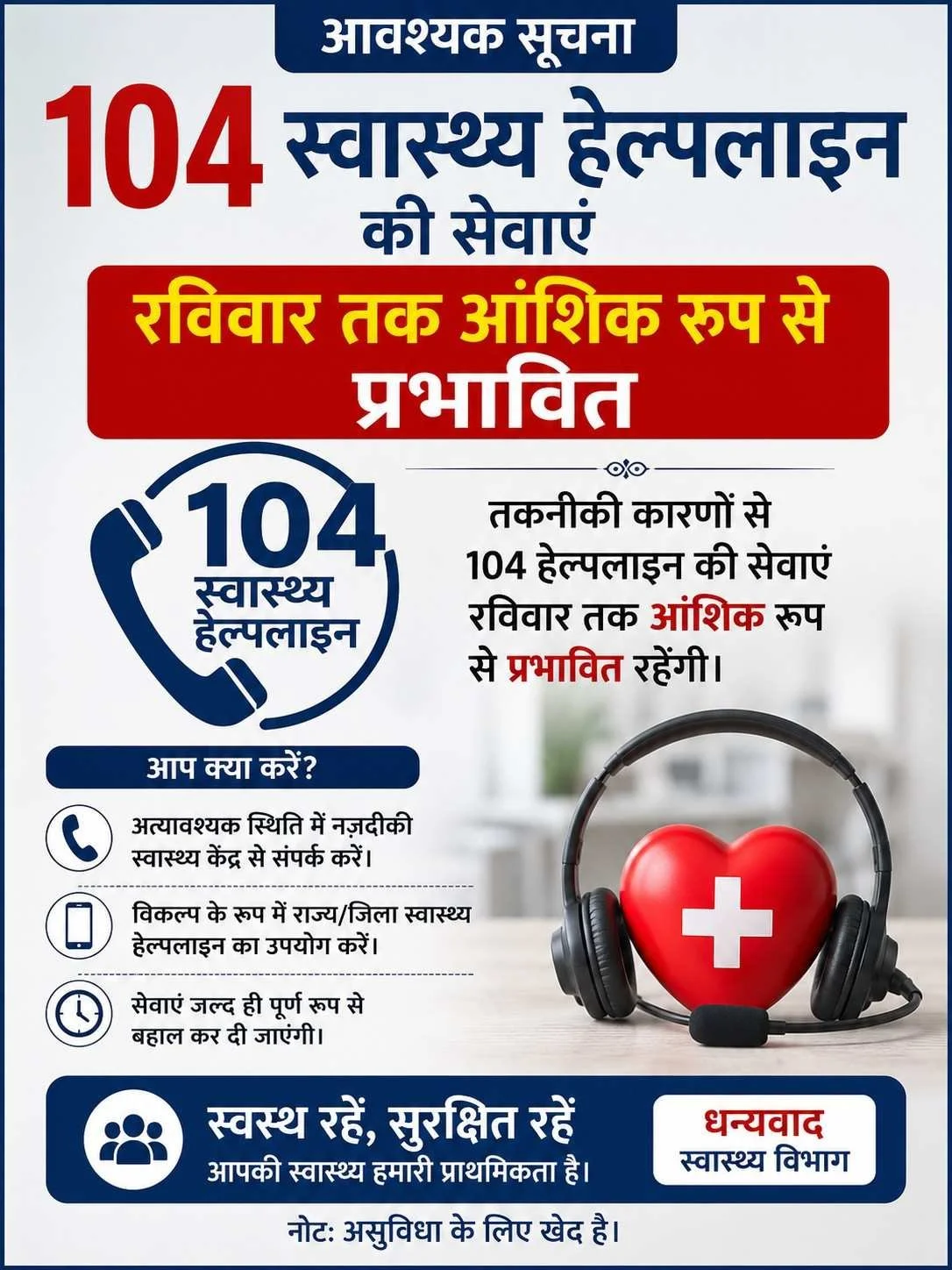 104 स्वास्थ्य हेल्पलाइन की सेवाएं रविवार तक आंशिक रूप से प्रभावित, विद्युत प्रणाली के उन्नयन और मुख्य केबल बदलने का कार्य जारी, एनएचएम ने आमजन से मांगा सहयोग